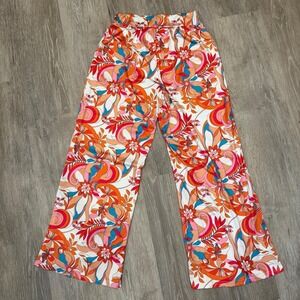 Retro 70s Floral Print Wide Leg Flare Pants Womens Small High Waist Stretch